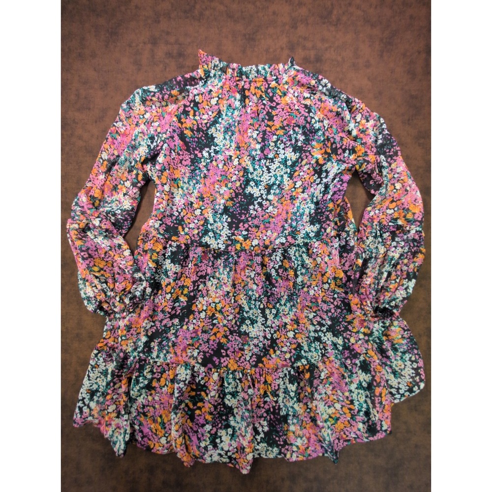 Vince Camuto Womens Floral Tiered Babydoll Mini Dress Long Sleeve Pink Black M - Picture 9 of 9